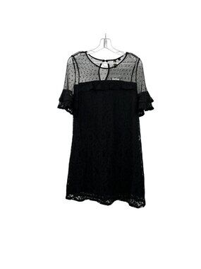 Want And Need Black Lace Sheath Dress Mesh Dotted Swiss Short Sleeve XL New